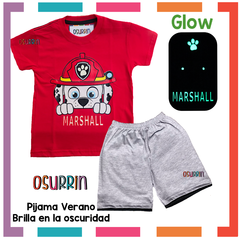 Imagen de Pijama Verano PAW PATROL - PATRULLA CANINA Remera + Short estampa GLOW que BRILLA en la oscuridad 100% algodón peinado premium