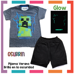 Pijama Verano MINECRAFT Remera + Short estampa GLOW que BRILLA en la oscuridad 100% algodón peinado premium en internet