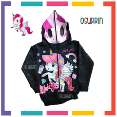 ¡PROMO! ¡Ultimos! Campera UNICORNIO doble frisa capucha con máscara y bolsillos. T4 al 12. - OSURRIN