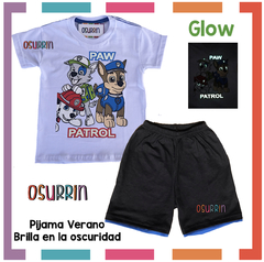 Pijama Verano PAW PATROL - PATRULLA CANINA Remera + Short estampa GLOW que BRILLA en la oscuridad 100% algodón peinado premium en internet