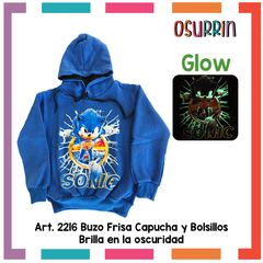¡Promo! Buzo Frisa Glow SONIC Brilla en la oscuridad con Capucha y Bolsillos - comprar online