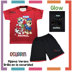 Pijama Verano PAW PATROL - PATRULLA CANINA Remera + Short estampa GLOW que BRILLA en la oscuridad 100% algodón peinado premium - tienda online