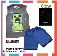 Pijama Verano MINECRAFT Musculosa + Short estampa GLOW que BRILLA en la oscuridad 100% algodón peinado premium