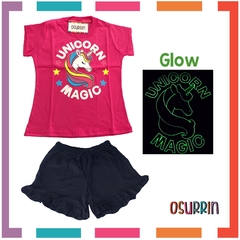 PIJAMA VERANO UNICORNIO REMERA + SHORT ESTAMPA GLOW QUE BRILLA EN LA OSCURIDAD 100% ALGODÓN PEINADO PREMIUM - OSURRIN