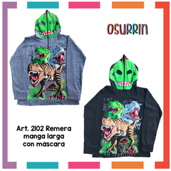 Remera de algodón con máscara y estampa de DINOSAURIO T4 al 14. - OSURRIN