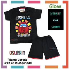 Pijama Verano AMONG US Remera + Short estampa GLOW que BRILLA en la oscuridad 100% algodón peinado premium - tienda online