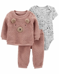 CARTER´S SET 3 PIEZAS BODY MANGAS CORTAS BUZO Y PANTALON SHERPA "OSO ROSA"