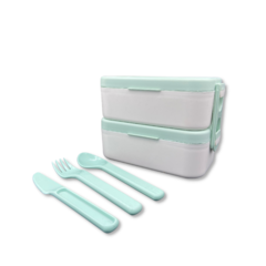 MARMITA BENTO BOX HERMÉTICA DUPLA BRANCO MERENGUE COM VERDE