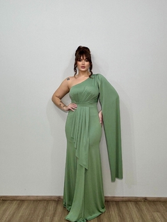 VESTIDO ALANA LONGO MULA MANGA EM TECIDO FLUITY COM DETALHES VERDE OLIVA