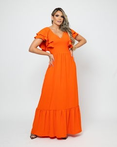 VESTIDO LONGO EM TECIDO CREPE AIRFLOW COM DETALHES NA MANGA CICERA LARANJA - Vanessa Sansone Store