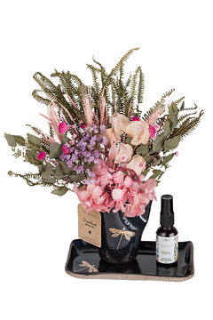 Kit Cerâmica Libélula Com Flores Secas e Aromatizante Spray Para Flores Secas Figo Ambarado 30ml