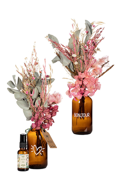 Kit Mini Vasos Com Flores Bonjour (Rosa) e Aromatizante Spray Para Flores Secas Poesia 30ml