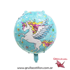 GLOBO UNICORNIO FONDO CELESTE REDONDO 18"