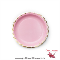 PLATO ROSA PASTEL ONDAS DORADAS x8