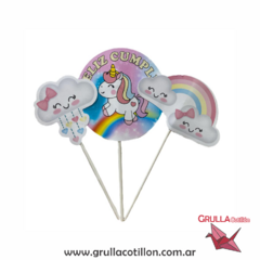 CAKE TOPPER x3 - UNICORNIO Y ARCO IRIS