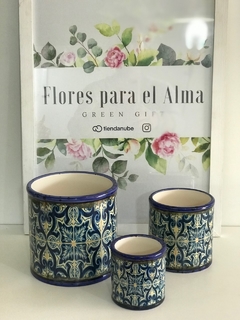 TRIO DE MACETAS DE CERAMICA "MANDALAS" / (REDONDA AZUL)