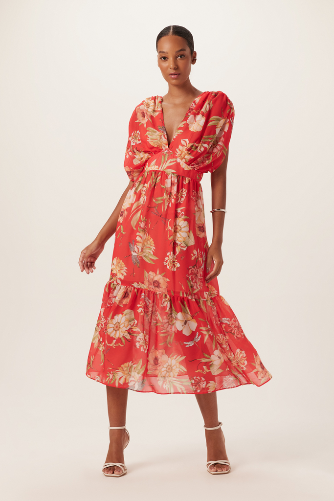 VESTIDO DIMY SUPER MIDI EM TECIDO PLANO ESTAMPADO VERMELHO E FLORAL
