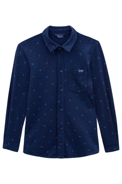 Camisa de botões manga longa azul marinho em suedine (1/4) LucBoo