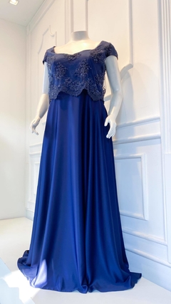 Vestido Bordado em Pedrarias Florence Azul Marinho Plus