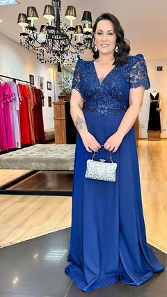 Vestido em Tule Bordado Liah Azul Marinho Plus