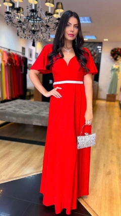 Vestido em Crepe Goya Vermelho + Cinto Strass