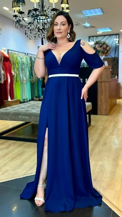 Vestido em Crepe Liz Azul Marinho Plus C/ Cinto Strass (Mangas removíveis) na internet