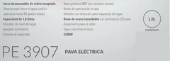 Pava Electrica Yelmo PE3907 2200w Jarra de Vidrio templado, corte mate - AHP Insumos