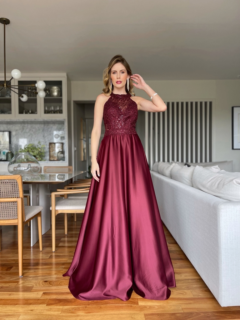 Vestido De Festa Talita Bordado Satin Marsala