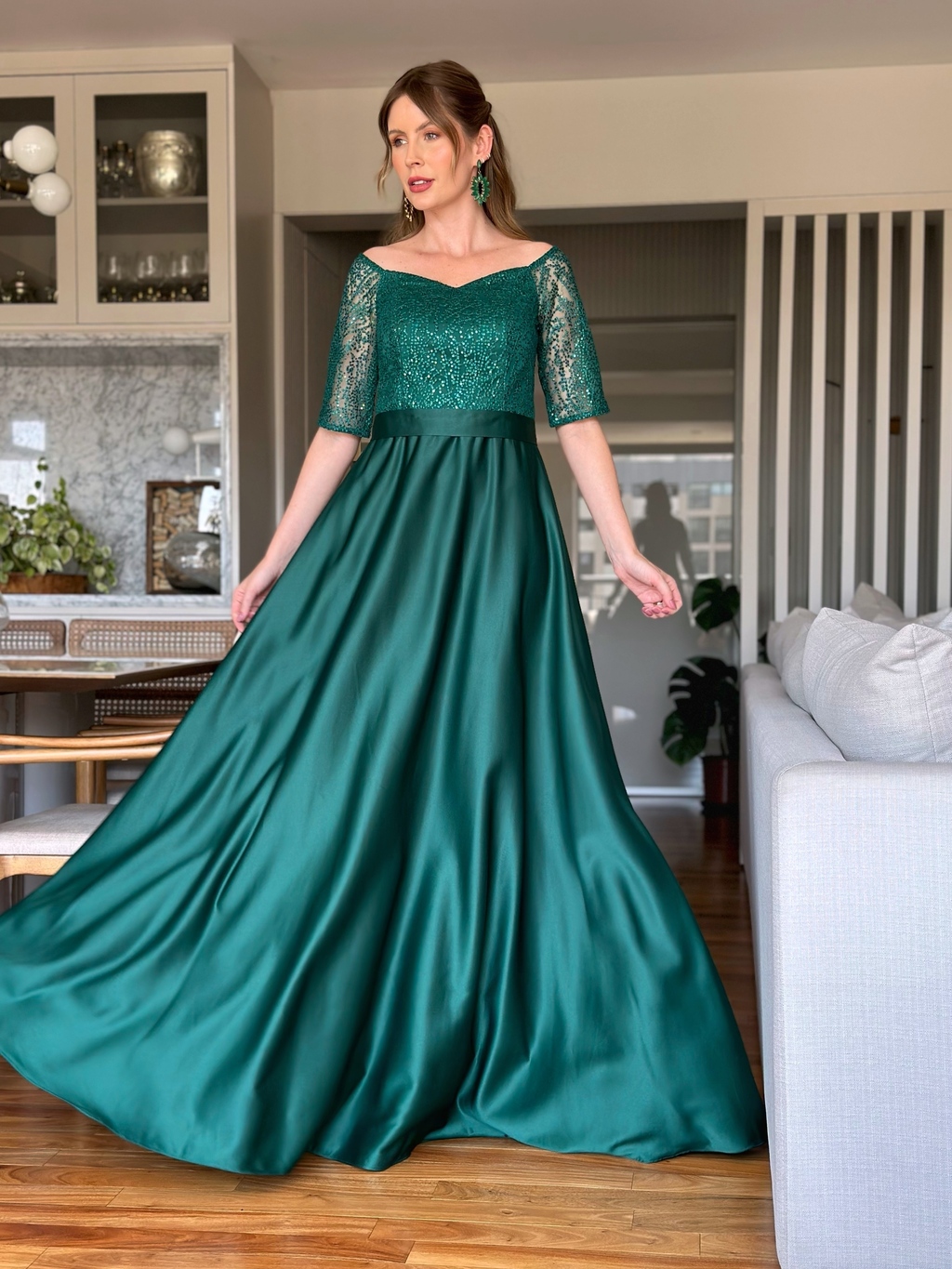 Vestido De Festa Izabel Bordado Verde Esmeralda
