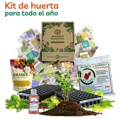 Kit de Huerta para todo el año: Semillas Agroecológicas (50 sobres) + 2 bandejas + sustrato + humus + jabón potásico + enraizante