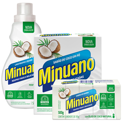 Kit Minuano Coco: Lava Roupas Líquido, Sabão Pó e Sabão Barra