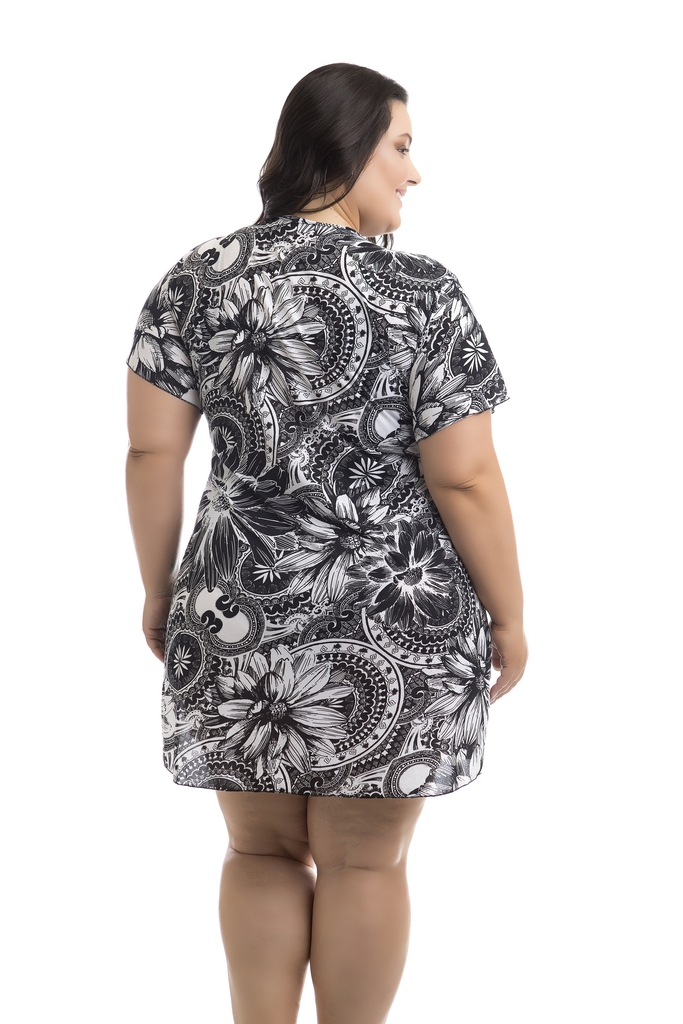 Vestido de Praia Flora Preto e Branco Plus Size