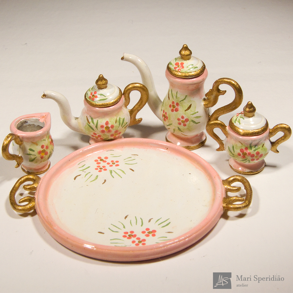 Miniatura porcelana jogo chá café flores rosa princesa