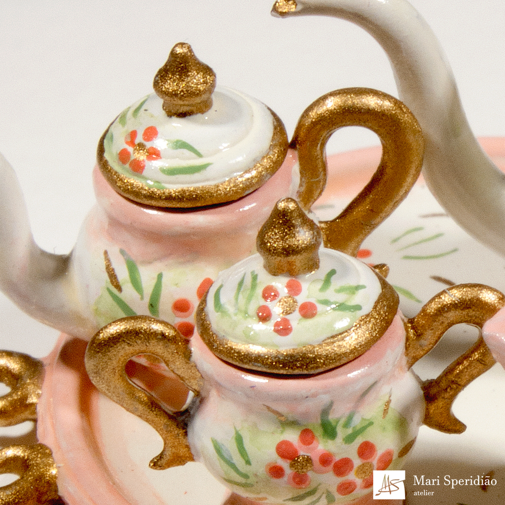 Miniatura porcelana jogo chá café flores rosa princesa