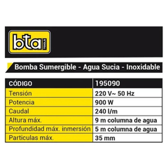 Bomba Sumergible Acero Bta 900w Agua turbia en internet