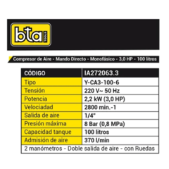 Compresor de aire Bta 3 Hp 100 Lts CA3 - comprar online