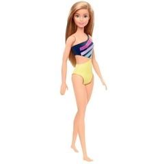 Muñeca Barbie Beach Doll Malla Amarilla y Negra Ghh38