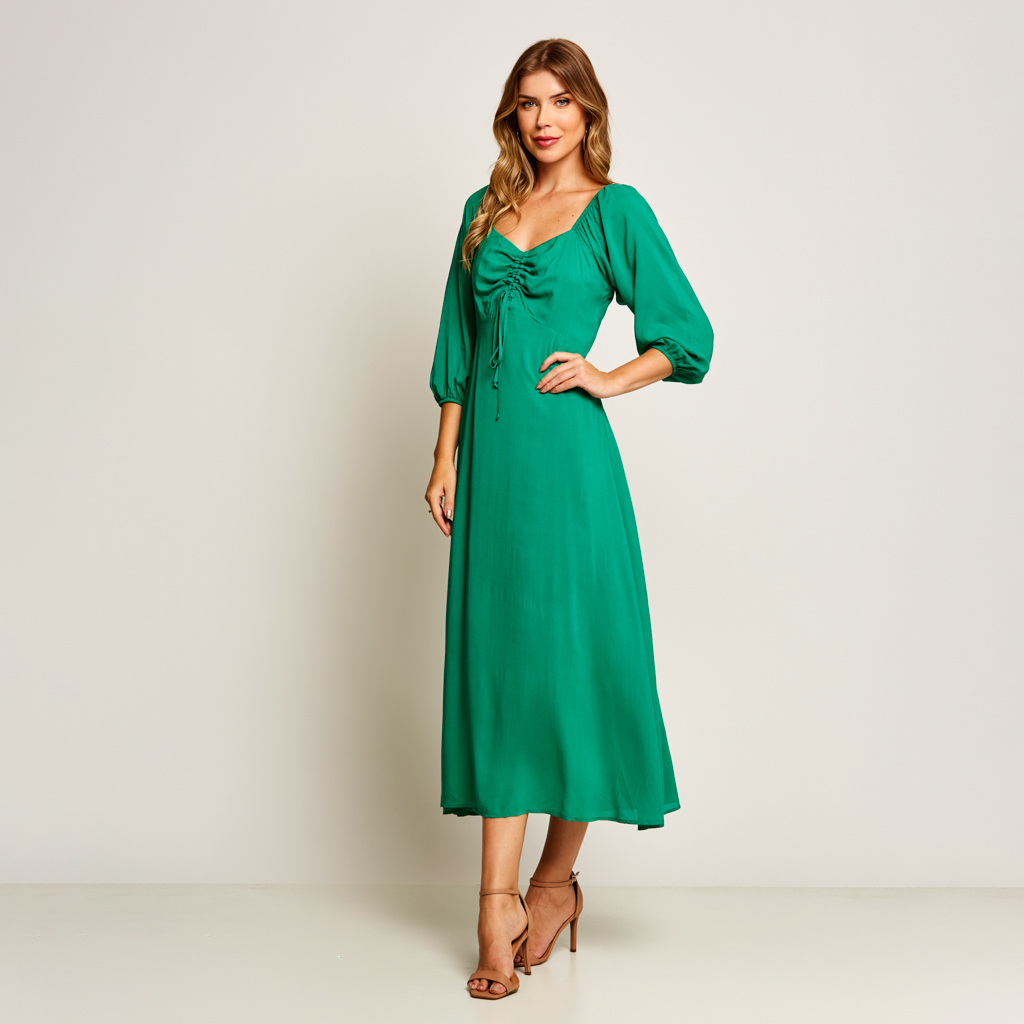 Vestido Verde Bandeira Longo Liso Feminino Miss Joy 7509