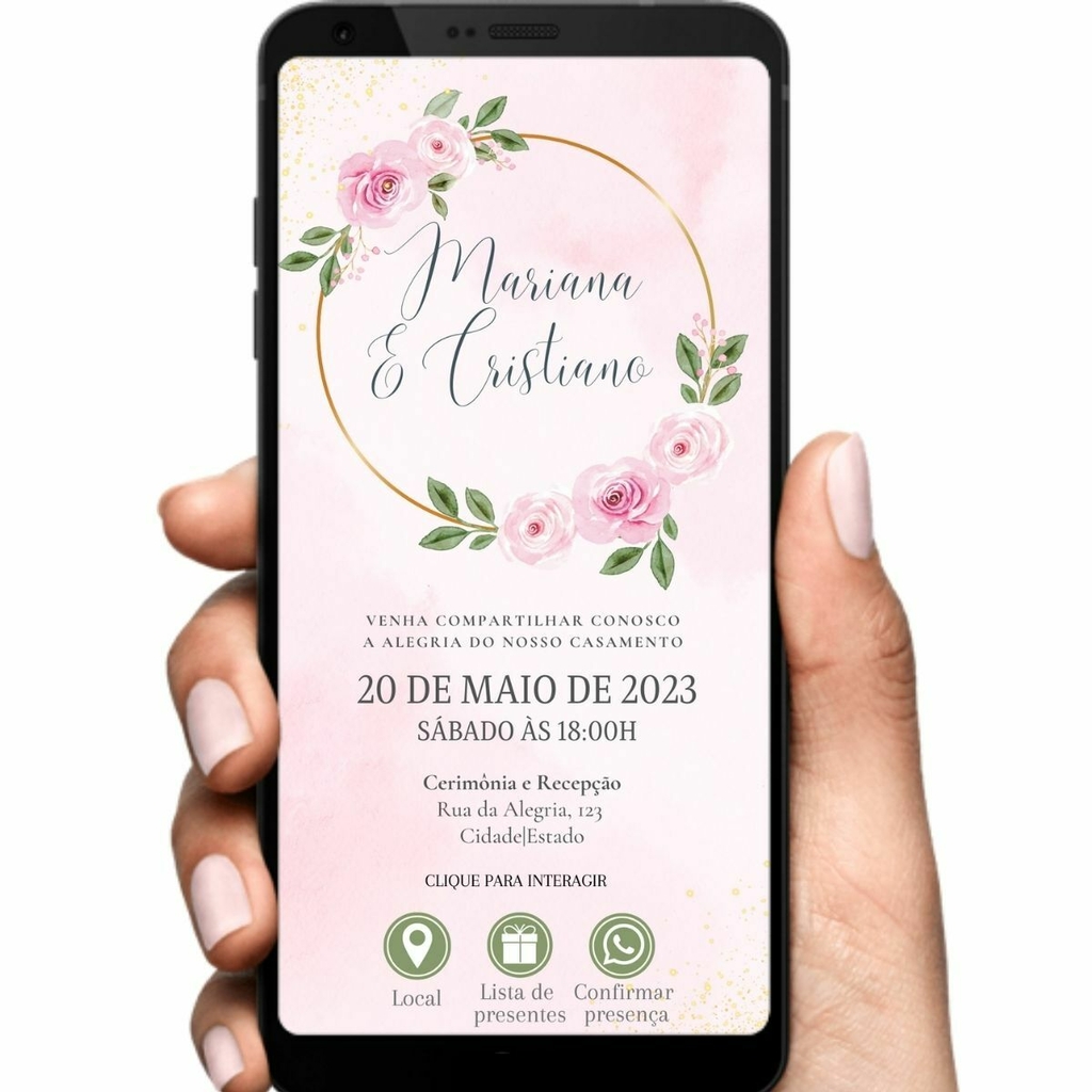 Convite Casamento Virtual Interativo Floral Rosa Whatsapp