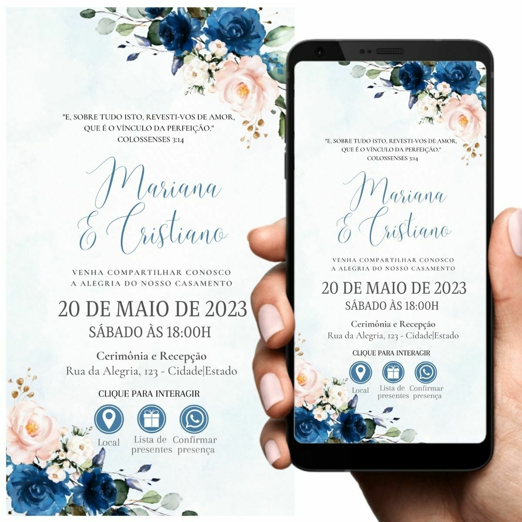 Convite Casamento Virtual Interativo Azul Whatsapp