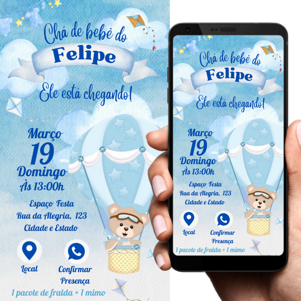 Convite Digital Chá de Bebê Ursinho Baloeiro Personalizado