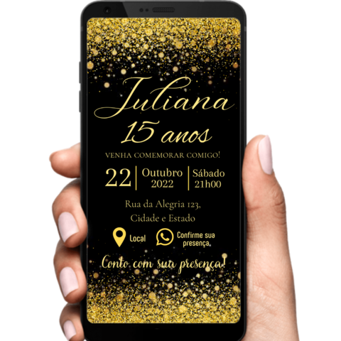 Convite digital interativo 15 anos Glitter Dourado