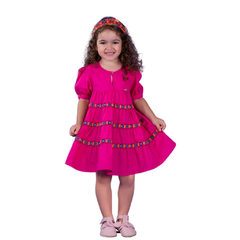 Vestido Infantil Feminino com Pregas Rosa Choque com Listra de Bordado Ponto Russo Look - Marca Precoce - Saia Ligeiramente Aberta