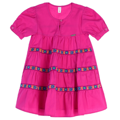 Vestido Infantil Feminino com Pregas Rosa Choque com Listra de Bordado Ponto Russo - Marca Precoce - Frente