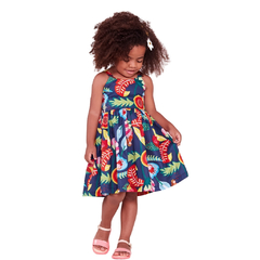 Vestido Infantil Feminino Flor Espacial Fundo Azul Marinho - Marca Precoce - Pose Frente