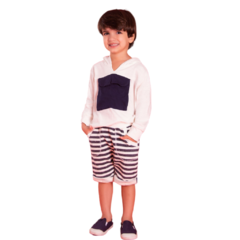 Conjunto Infantil Masculino Blusa com Capuz e Bermuda Listrada - Marca Precoce - Pose