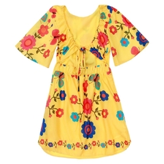 Vestido Infantil Feminino Flores Bordadas Fundo Amarelo - Marca Precoce - Costas