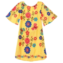 Vestido Infantil Feminino Flores Bordadas Fundo Amarelo Still - Marca Precoce - Frente 