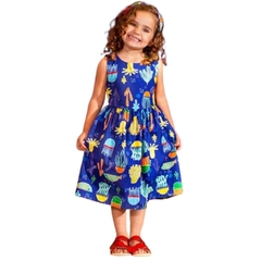 Vestido Infantil Feminino Fundo do Mar Azul - Marca Precoce - Pose Mãos