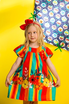 Vestido Infantil Feminino Listras e Flores - Marca Precoce - Pose 